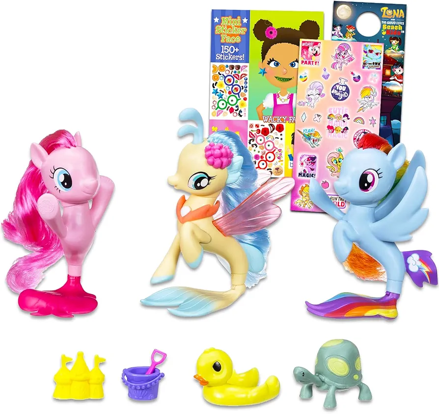 My Little Pony Seapony Toys Collection Pack - 10 Pc Bundle with 3 My Little Pony Mermaid Seapony Figures, 5 Accessories, Stickers, More | My Little Pony Toys for Girls Set