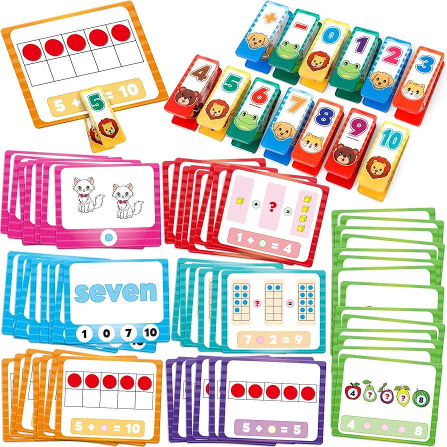 Number Clip & Math Flash Cards,Math Manipulatives Games for Kids Toddlers,Addition Subtraction Learning Games,Animal Fine Motor Counting Toys,Preschool Kindergarten Classroom Must Haves