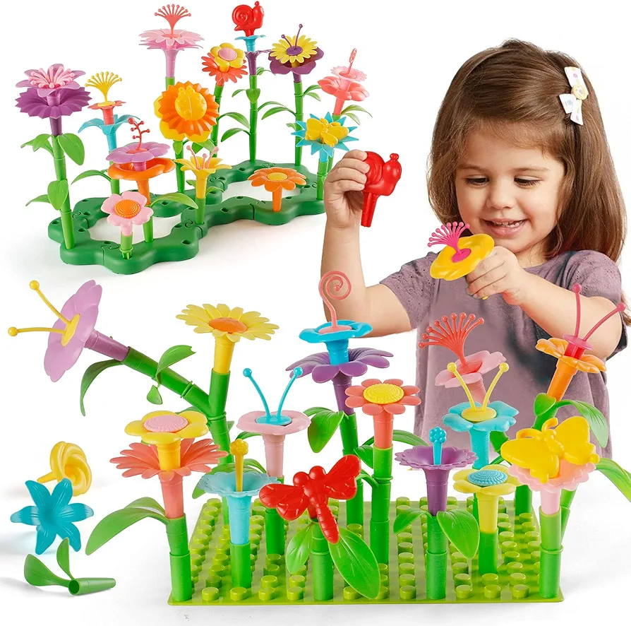 PREPOP STEM Toddler Birthday Gifts for Age 3 4 5 6 Year Old Girls - Flower Garden Building Toys for Preschool Educational Activity, Floral Gardening Pretend kit