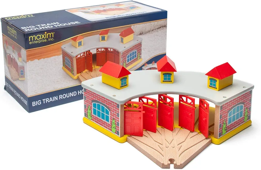 inc. Wooden Train Round House with 5-way Switch Track for Kids, Wood Train Shed with 5 Doors. Houses 5 Engines & Cars, Compatible with Major Brand Wooden Railways