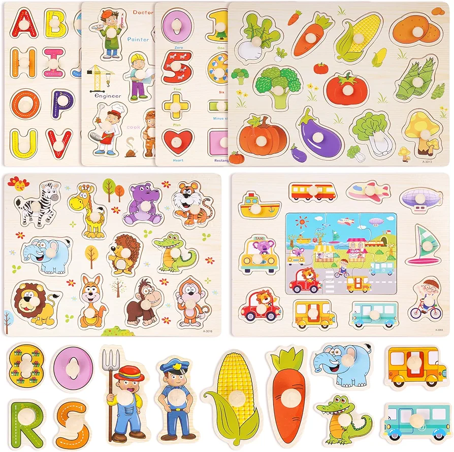 Wooden Peg Puzzle for Toddlers, 6 Pack Toddler Pegboard Puzzles Set for 3 4 5 Years Alphabet Number Shape Animal Montessori Toys, Preschool Education Learning Baby Puzzle Toys for Girls and Boys