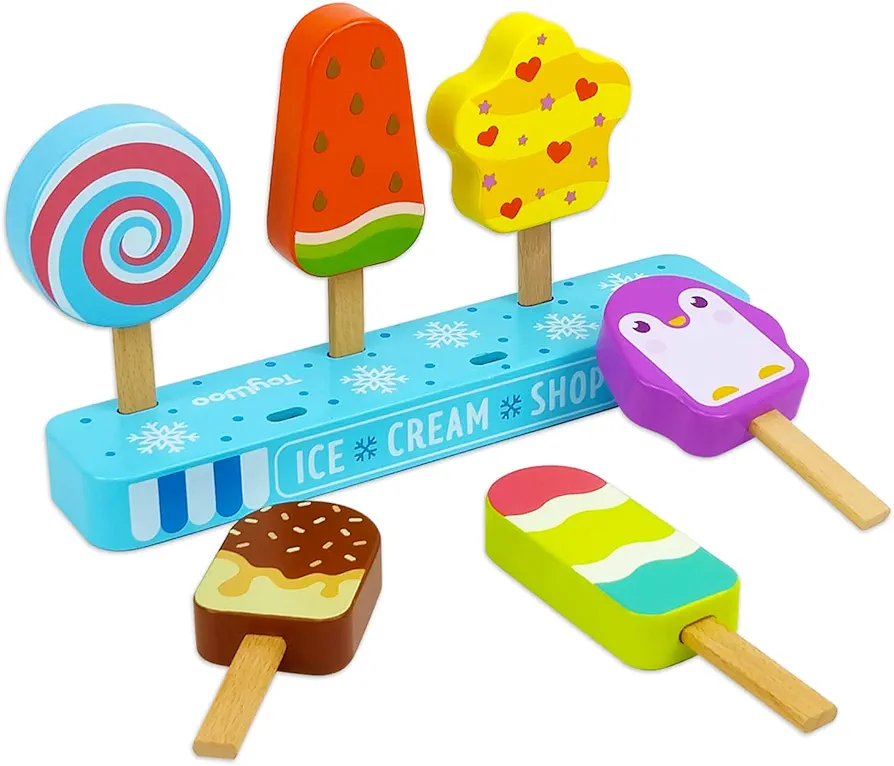 Wooden Ice Cream Toy for Kids, Toddler Pretend Play Food Ice Lolly Pops Set, Preschool Educational Toys and Gifts for Kids Age 3 4 5 6 Years Old