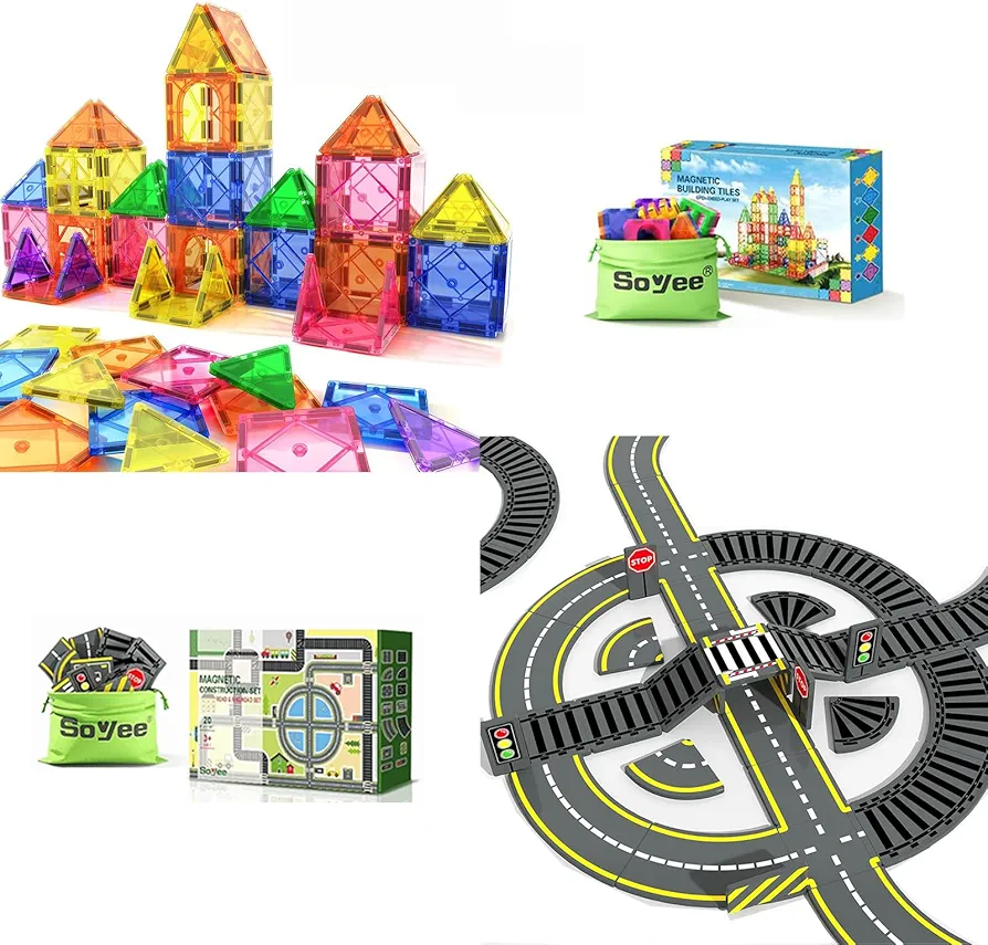 Magnetic Tiles Toddler Toys Games Sensory Toys and Road & Train Track Expansion Pack