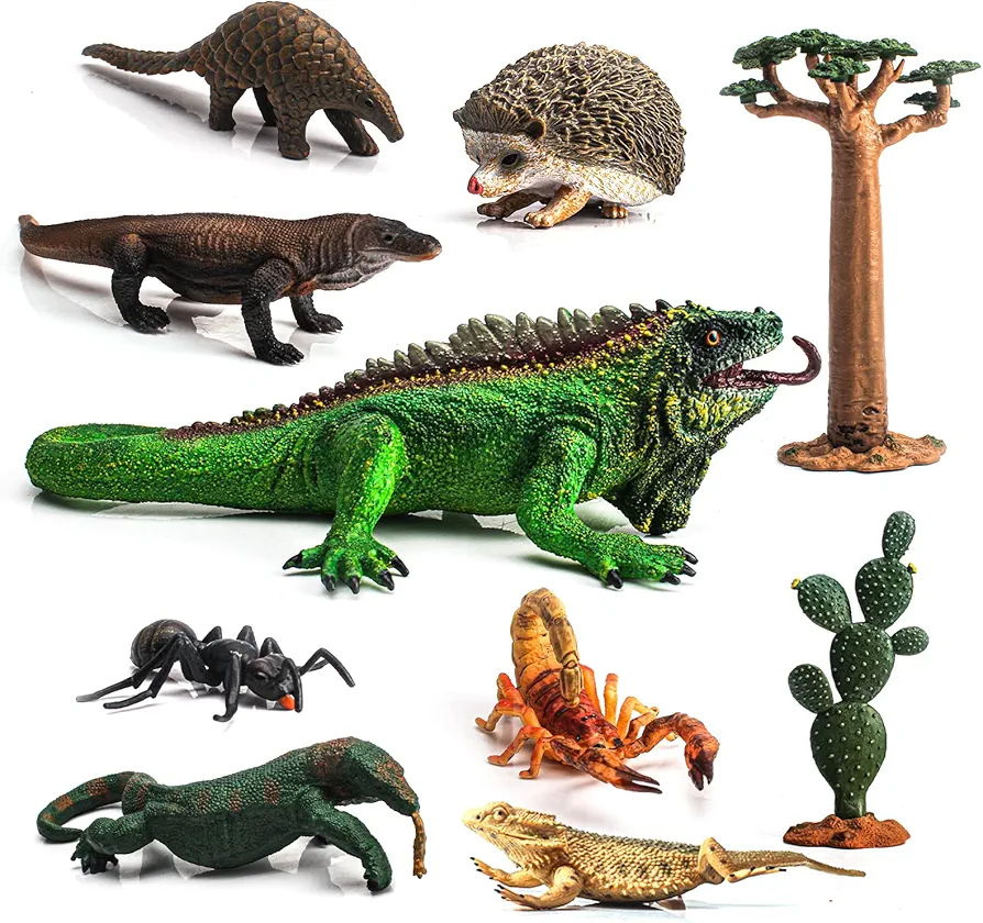 Fantarea Desert Wild Animal Model Figures Playsets 11 PCS Lizard Komodo Dragon Scorpion Ants Hedgehog Cactus Baobab Figurines Decoration Set Toys for Boys Girls Kids