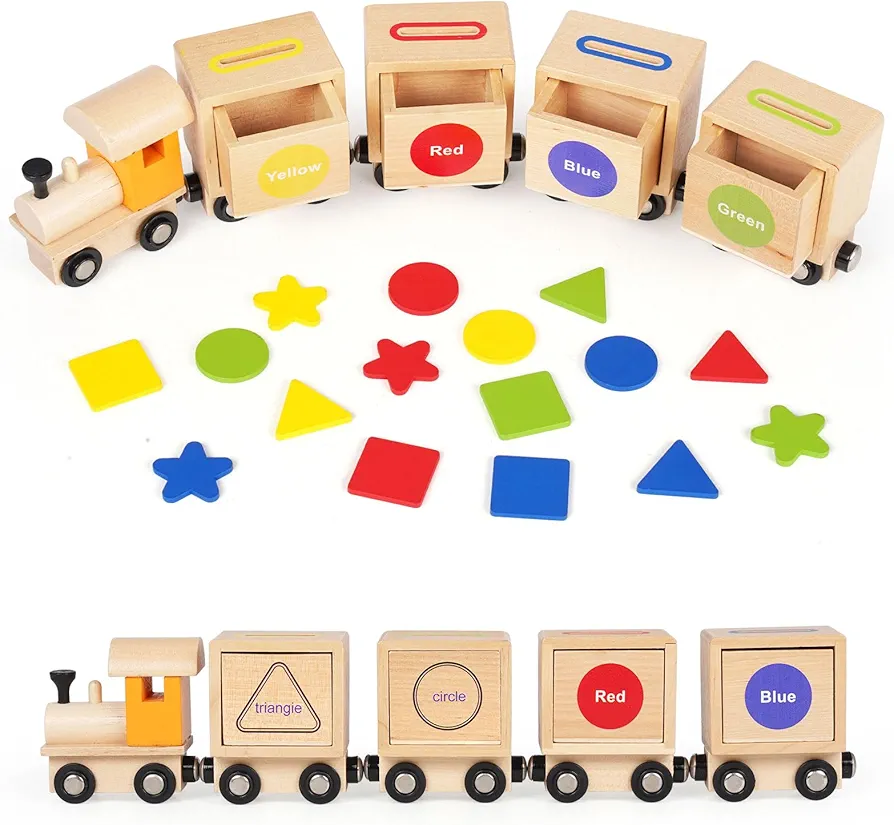 2 in 1 Montessori Toys Wooden Magnetic Train Toy and Shape Color Sorting Toys for Kids Educational Toddlers Shape Recognition Fine Motor Skills Development Early Learning Toys Matching Box