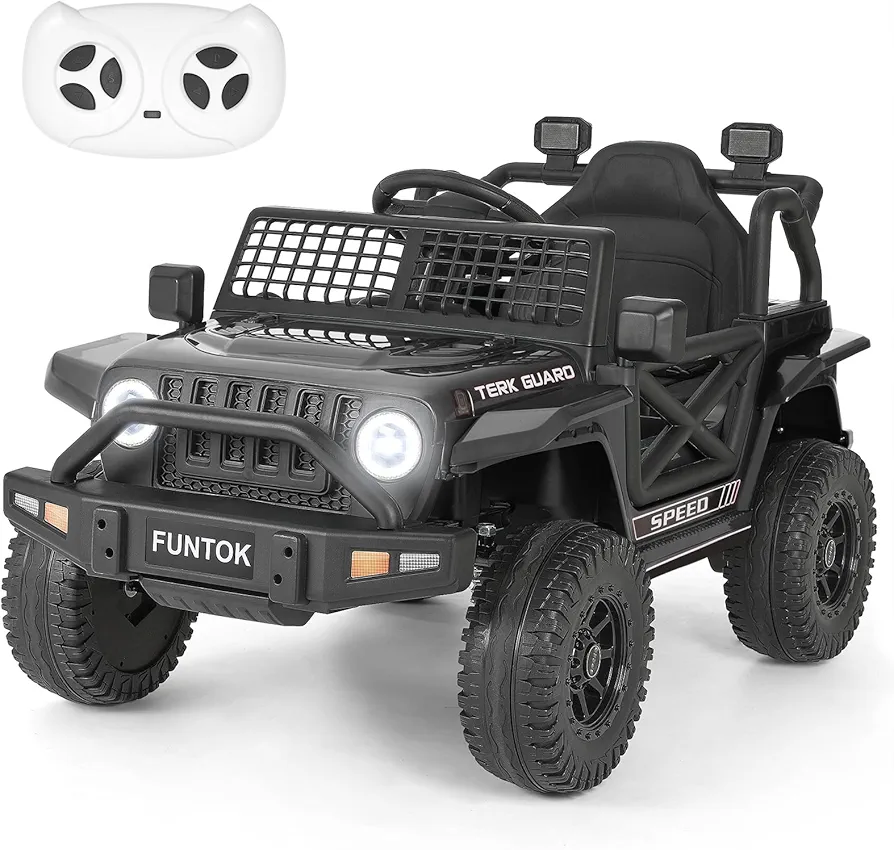 12V Kids Ride On Truck, Battery Powered Electric Car w/Parent Remote Control, 3 Speeds, Spring Suspension, Music Player, LED Lights, Electric Vehicles Toy for 3-8 Years Old (Black)