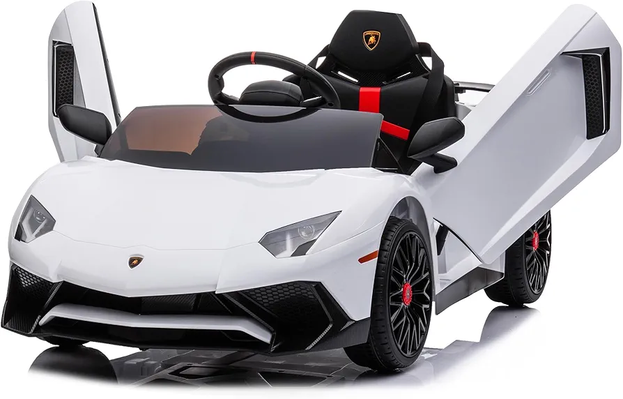 12V Ride on Car for Kids, Licensed Lamborghini Aventador Electric Vehicles Battery Powered Sports Car with Remote Control, Spring Suspension, Music, LED Light, Adjustable Speeds - White