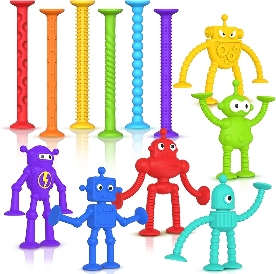 12 Pack Baby Bath Toys Suction Toy - 6PCS Sensory Suction Toys and 6PCS Robot Suction Toys