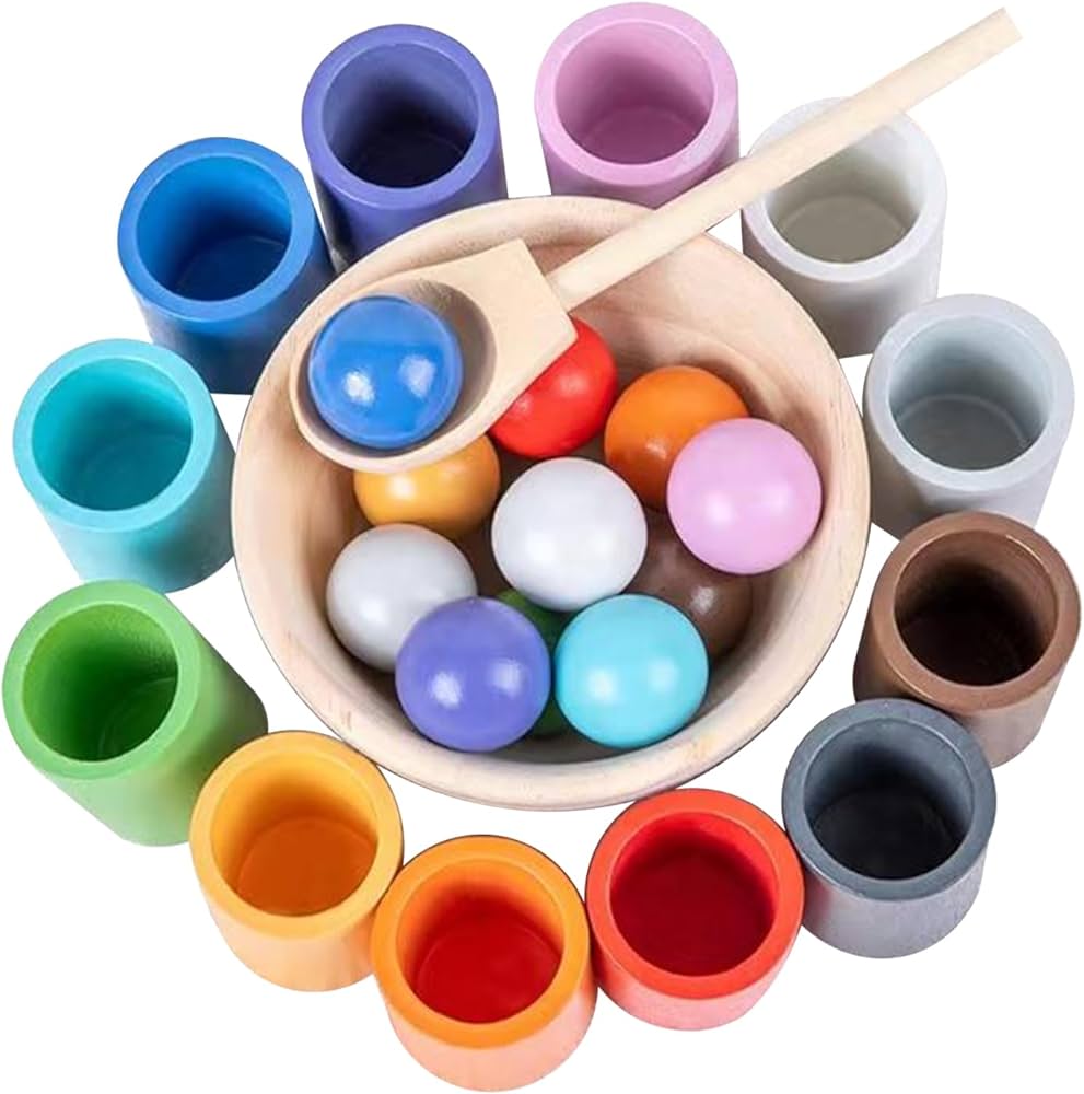 Rainbow Balls in Cups Toddler Montessori Toys for 1 Year Old Up, Kids Preschool Wooden Matching Games for Learning Color Sorting and Counting