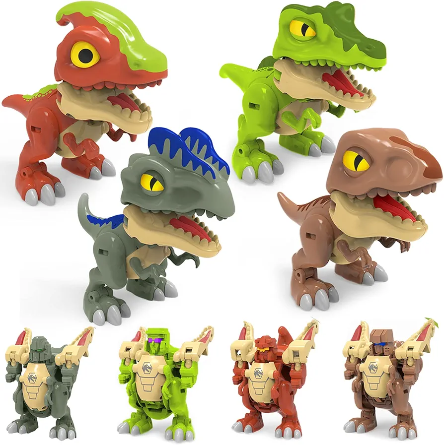 4 Pack Transform Robot Dinosaur Toy for Boys Girls Biting Fingers Puppet,2 in 1 Jurassic Dino Action Figures, Transformed Rescue Bots Dinosaurs T-rex/Spinosaurus…