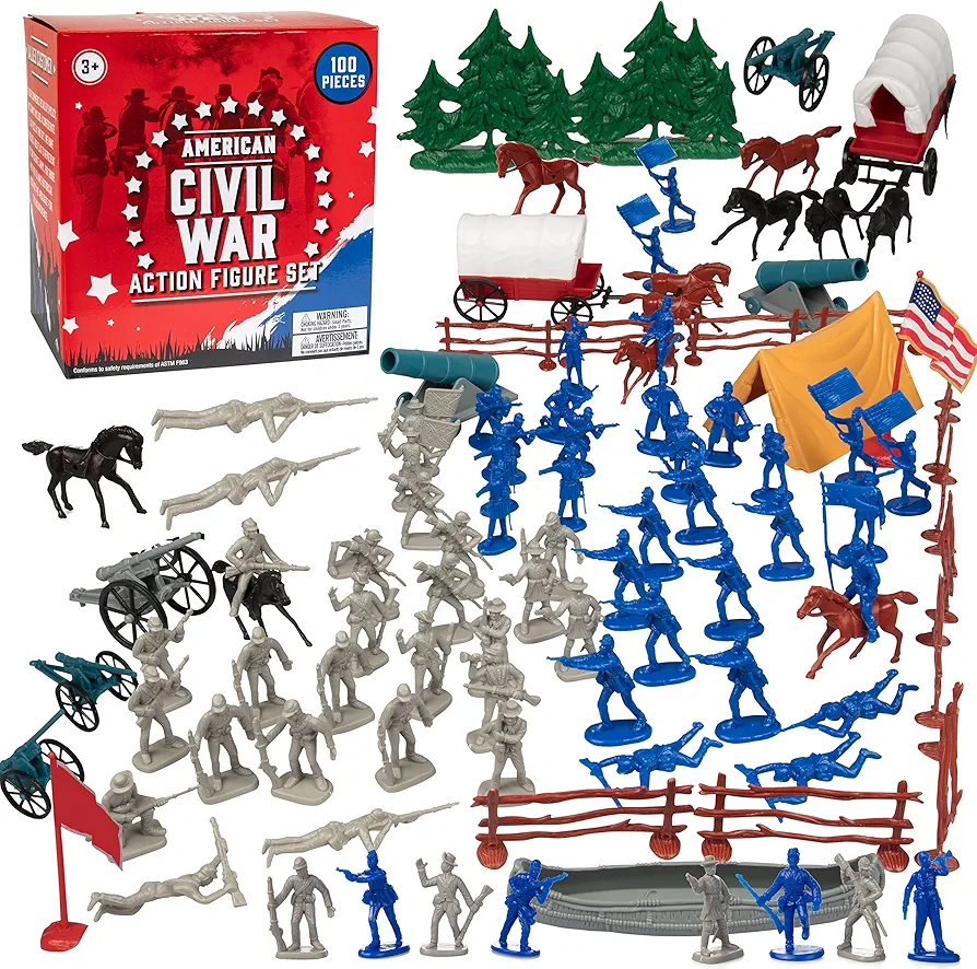 Civil War Army Men Toy Soldier Action Figure Playset -100 Pieces Including Confederate & Union Soldiers, Cannons, Wagons, Rideable Horses, Terrain Accessories -Great for Dioramas & School Projects