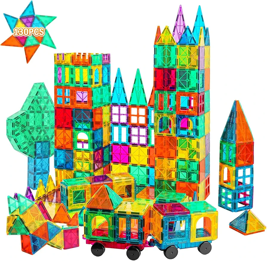 Bmag 130PCS Magnetic Tiles Building Blocks, 3D Magnet Blocks Construction Playboards for Kids Toddlers, Educational STEM Preschool Toys for Boys Girls with 2 Cars