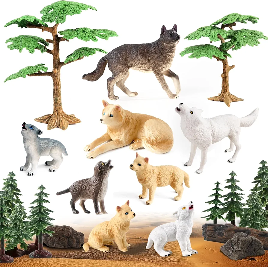 SIENON 23Pcs Wolf Figurines Model Trees Kit Wolf Figures Toy Playset for Forest Diorama Projects, Wolf Family Toy with Wolf Cub Figurines for Woodland Cake Toppers Jungle Party Decorations