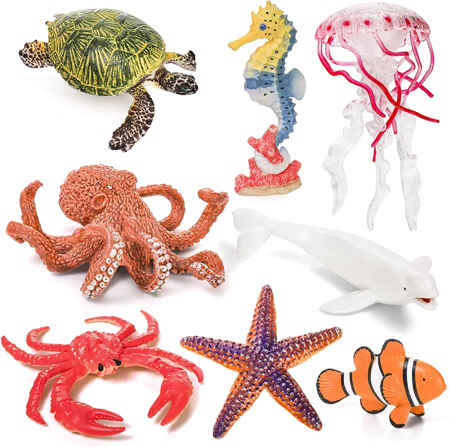 8 Pack Ocean Sea Animals Figures, Assorted Marine Creature Figure, Including Starfish Seahorse Dolphin Crab, Miniature Cake Cupcake Toppers for Gift, Aquarium Fish Tank Decor