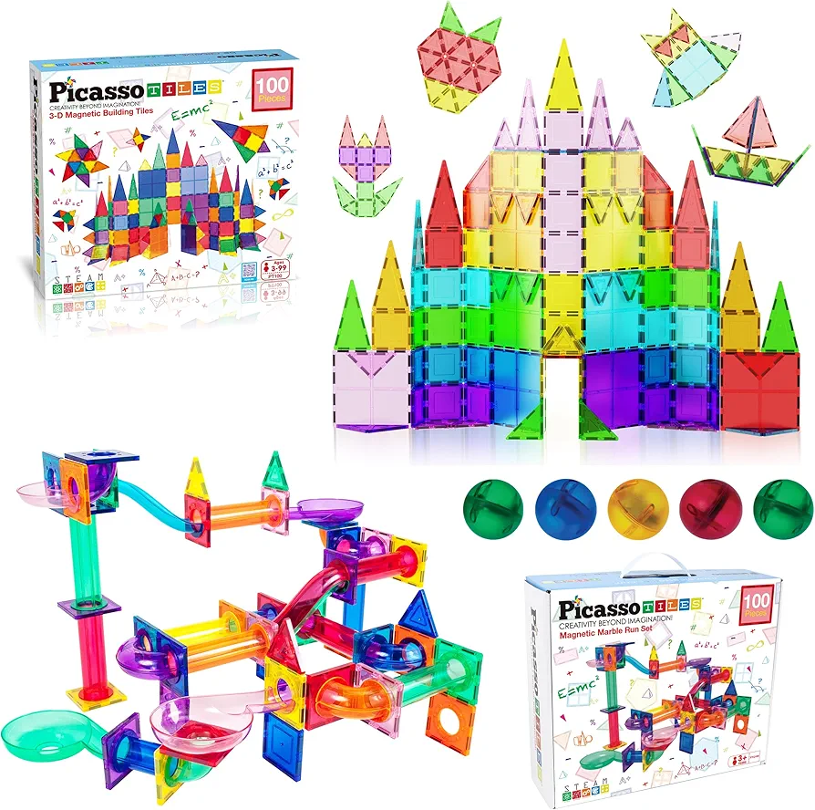 PicassoTiles 100PC Magnet Tiles + 100PC Marble Run Race Track Fun & Creative Playset Bundle, STEAM Learning & Educational Sensory Toy for Preschool & Kindergarten Kids Ages 3+, A Classroom Must Have