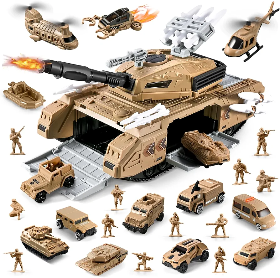 26-in-1 Army Men Tank Toys for Boys 4-7 8-12, Army Toys Set Include Jumbo Army Tanks/Military Truck/Helicopter/Kayak Boat/Army Men Action Figures, Gifts for Boys Birthday Party Favors