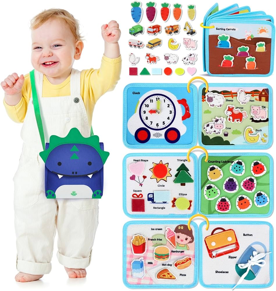 Lehoo Castle Montessori Busy Board for Toddlers 2-4, Busy Book for Toddlers 1-3, Activity Books for Airplane Car, Toys for 2 Year Old Boy Gift, Sensory Travel Toys, Preschool Busy Book (Dino)