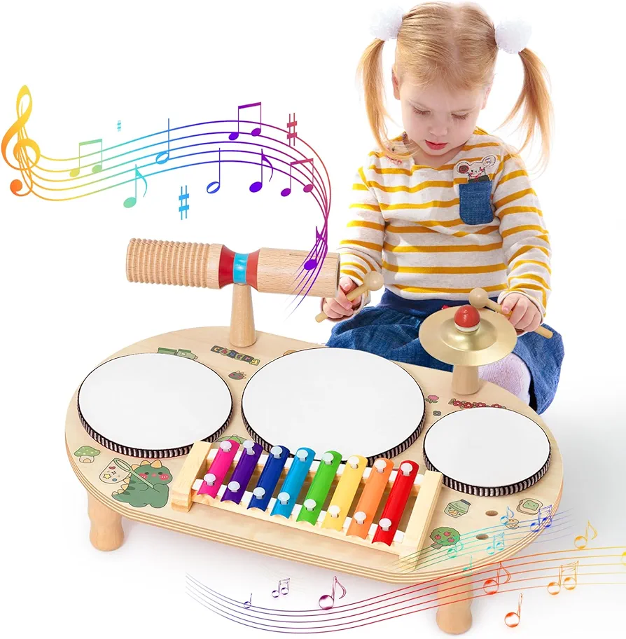 Kids Drum Set for Toddlers,8 in 1 Montessori Musical Instruments,Wooden Preschool Sensory Toys,Percussion Instruments Gifts for Boys and Girls