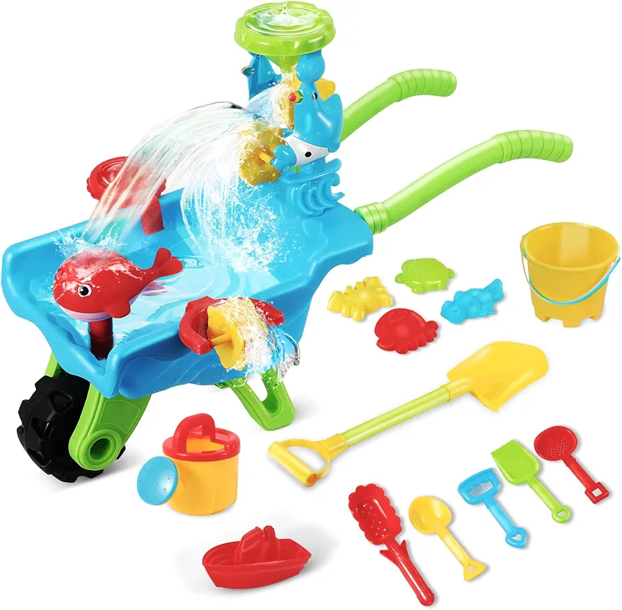 Beach Toys for Toddler, Beach Toy Trolley Car with Beach Bucket and Sea Animals Moulds, Sensory Table Sand Water Toys Summer Gift for Boys Girls Kids Aged 3-5