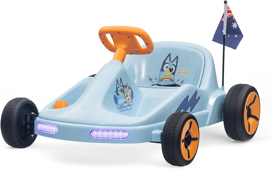 Bluey 6V Electric Go Kart for Kids, Electric Ride-On Toy with Lights, MP3 Jack, Remote Control, Seat Belt, Ages 3-6, Durable PVC and Iron Construction, Rechargeable Battery