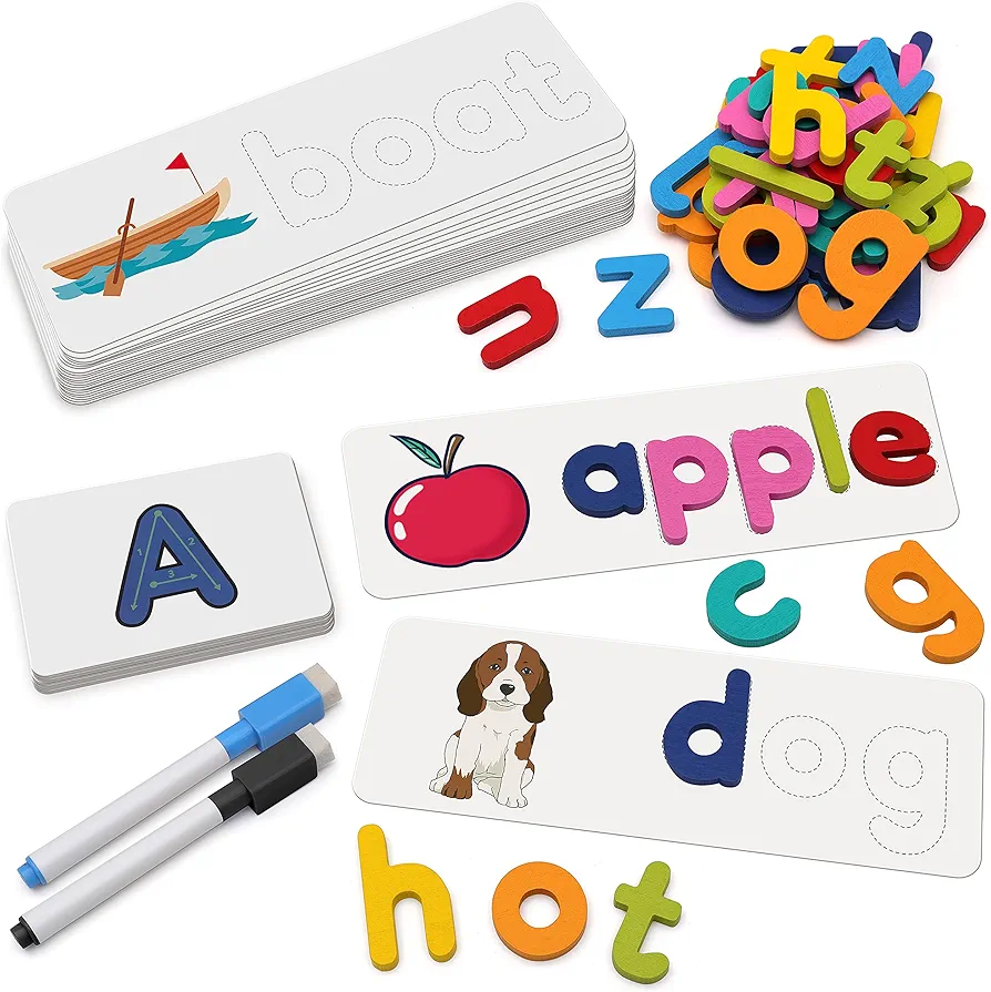 Coogam Reading & Spelling Learning Toy, Wooden Letters Flash Cards Sight Words Matching ABC Alphabet Recognition Game Preschool Educational Tool Set for 3 4 5 Years Old Boys and Girls Kids