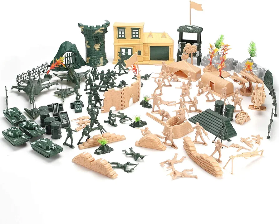 Hautton Toy Army Men Set, 130 PCS Plastic Military Action Figures Combat Battle Playset Bucket with Soldiers, Tank, Plane, Helicopter, Flag, Fence, and Battlefield Gift for Boys Kids Children