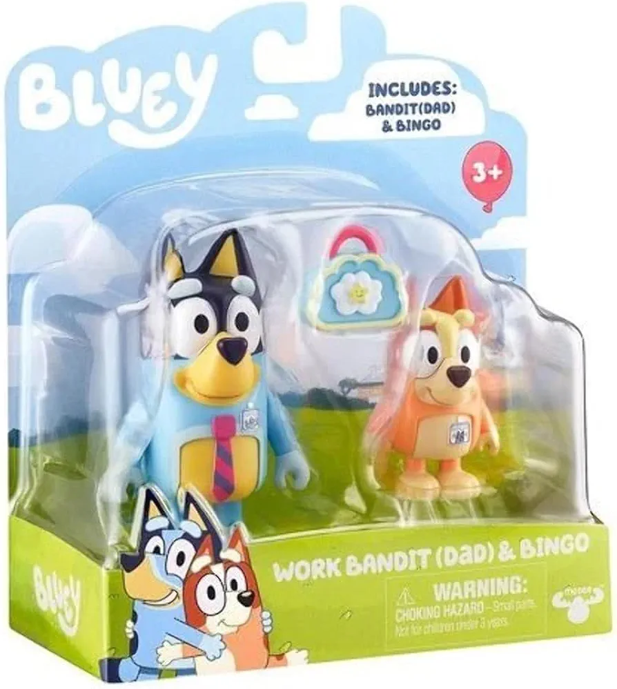 Moose Toys Bluey Toys - 2pk Bandit (Dad) & Bingo - Work Bandit (Dad) & Bingo Blue, Orange, Yellow, White, Grey, Pink 6.3 x 2.6 x 5.6 inches 13083