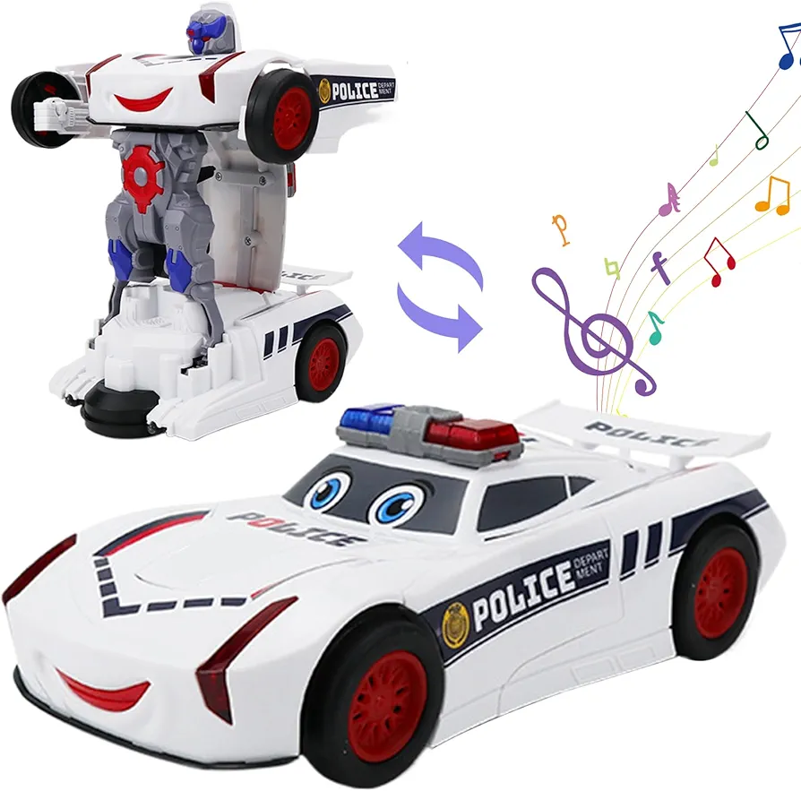 Police Car Toy Transformable 360 Degree Rotation Drifting Robot Car with LED & Sound Batteries Powered Remote Control Car for Boys Kids, Ideal Gifts for Boys and Girls, Robot Car