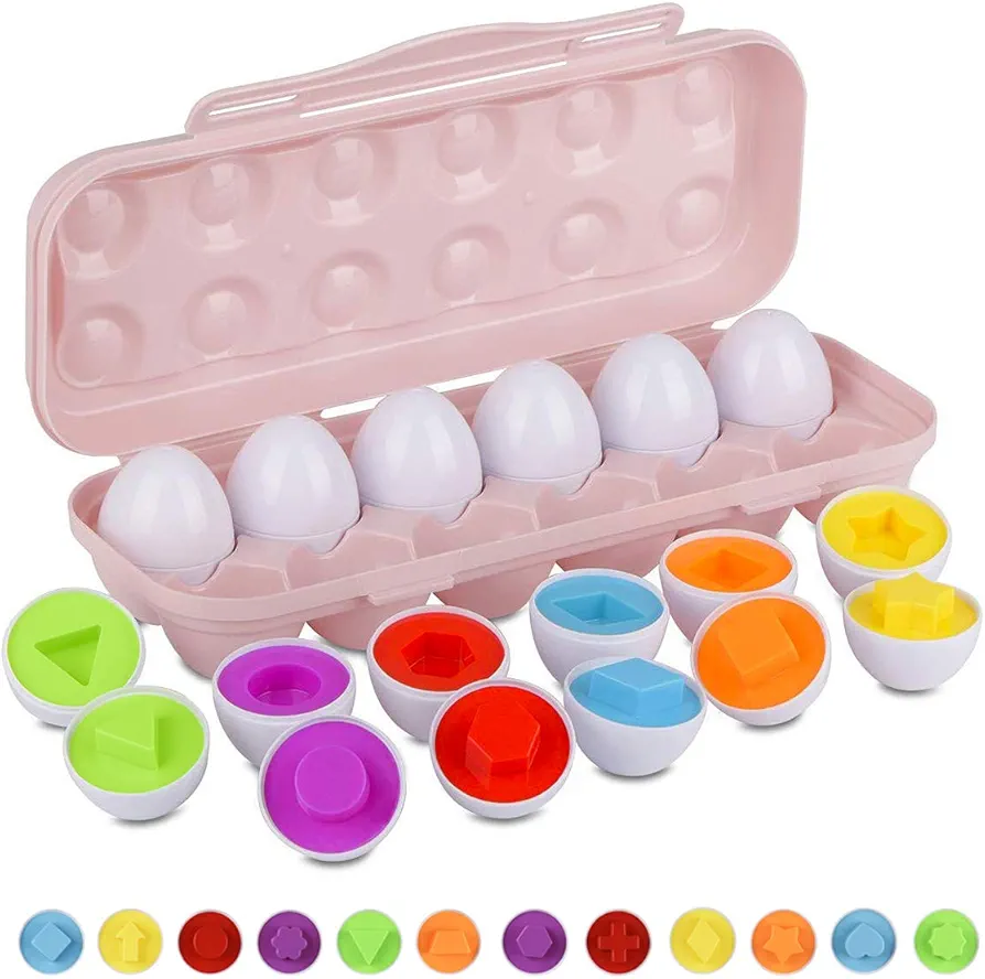 Color Shape Matching Eggs for Toddlers, Preschool Learning Educational Sorting Easter Eggs Toys Gift Recognition Skills for Kids Boys Girls with Pink Eggs Holder, 12 Eggs