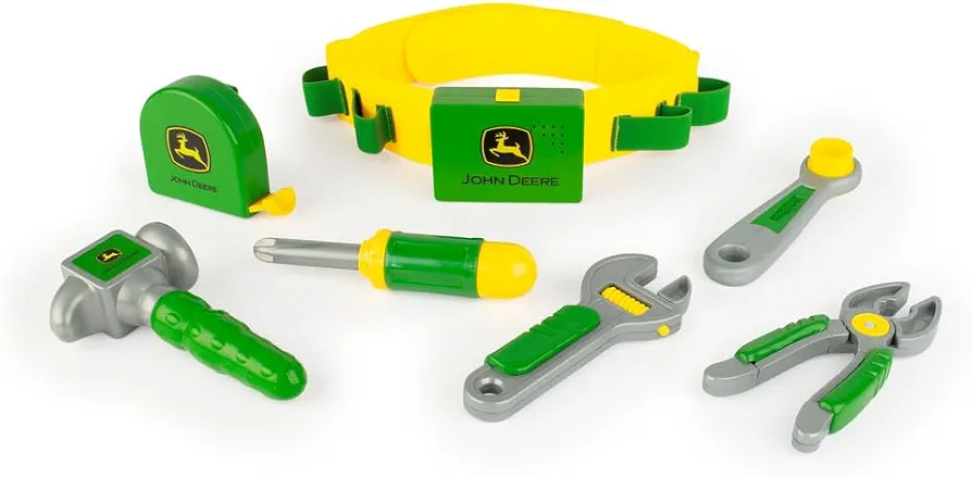 John Deere Deluxe Talking Toolbelt - 7-Piece Kids Tool Set - Interactive Construction Toys - Interactive Toddler Tools Playset - Green - 7 Count - Preschool Toys Ages 2 Years and Up