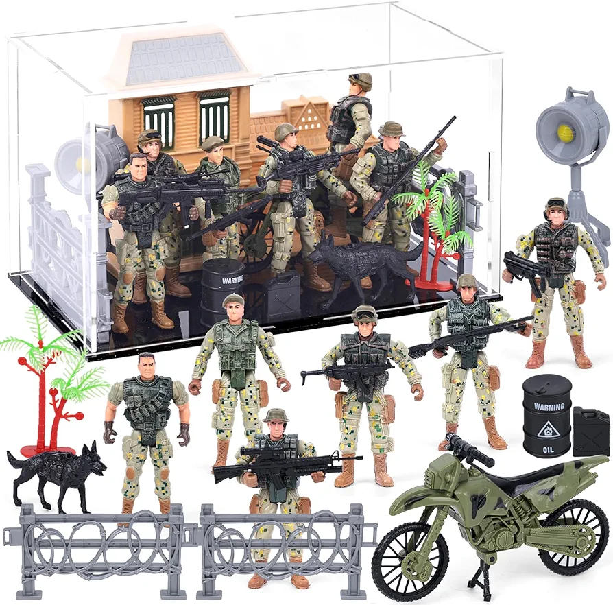 LovesTown 28PCS Army Men Toy Set with Acrylic Display Case, Joint Movable Military Action Figures 4" Special Operation Soldiers with Weapons