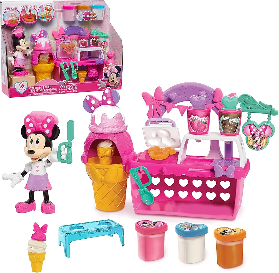 Disney Junior Minnie Mouse Sweets & Treats Shop, 16-piece Pretend Play Food Set with 6-inch Figure, Officially Licensed Kids Toys for Ages 3 Up