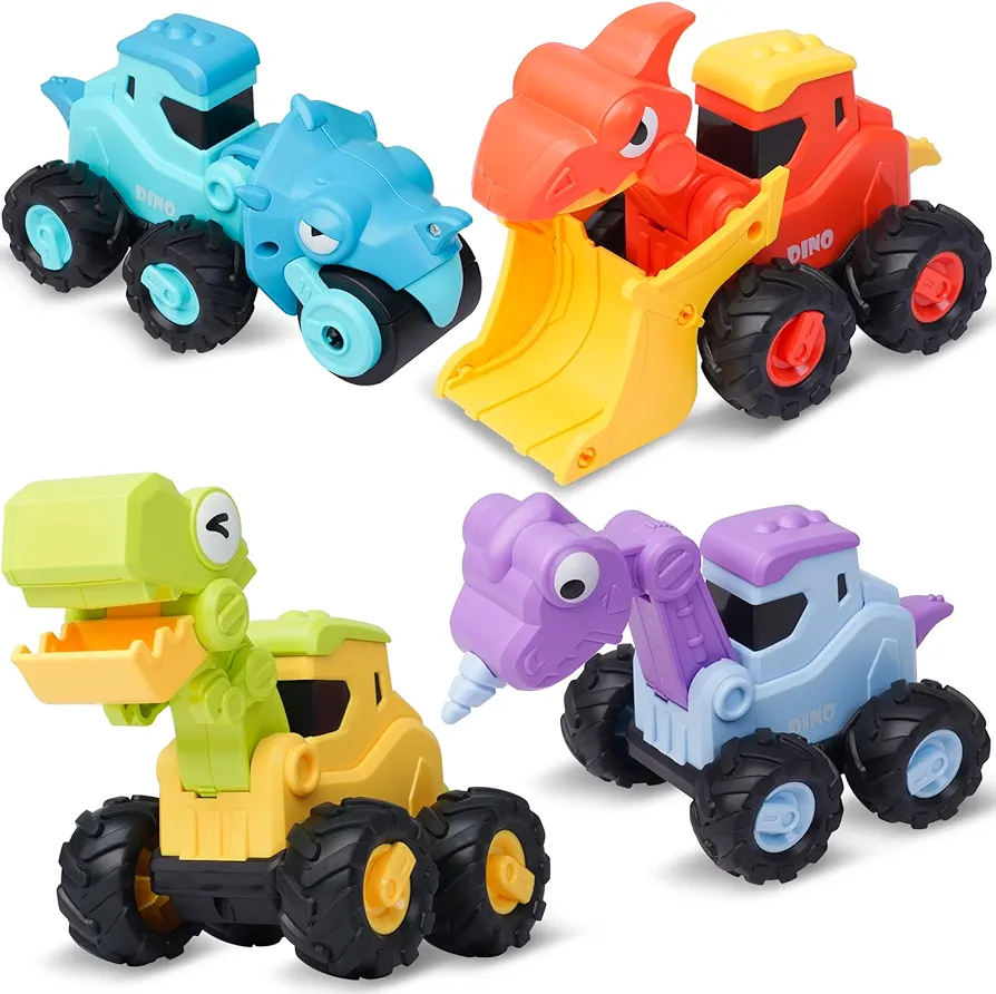 LiKee Dinosaur Toy Cars for Toddlers 1-3 Boys, Large Construction Toys Truck for Kids 2-4 Birthday Gift, 4 Pcs Press Go Vehicles Playset, Push and Go Friction Racing Cars for 18+ Months Baby Infant