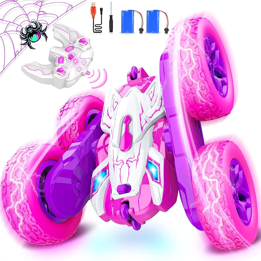 Spider Remote Control Car Gifts for Kids RC Cars Toys for 3 4 5 6 7 8 9 10 11 12 Year Old Girls Rechargeable Indoor Outdoor Toy 360° Rotating Stunt Car Birthday Gifts for Kid Age 8-12