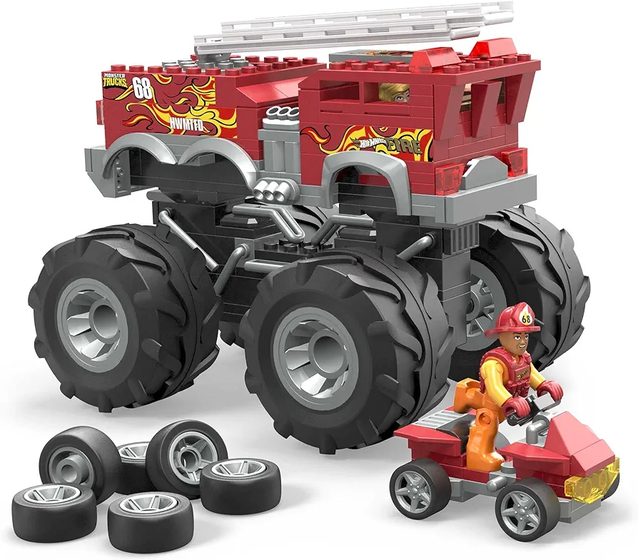 MEGA Hot Wheels Monster Trucks Toy Car Building Set, HW 5-Alaram Fire Truck with 284 Pieces, 1 Micro Action Figure Driver, Red, Kids Age 5+ Years