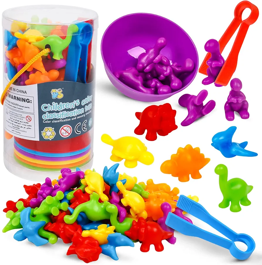 Counting Dinosaurs Color Sorting Toys with Rainbow Bowls for Kids Sensory Training & Counting Activity Montessori Education Learning Activities Easter Gift for 3-5 Years Old Boys Girls