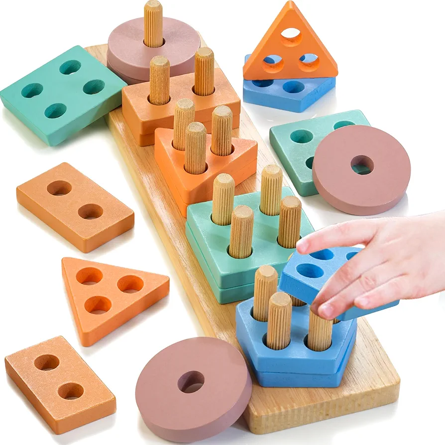 HELLOWOOD Montessori Toys for 1 2 3 Years Old, Wooden Sorting & Stacking Toys for Toddlers 1-3, Education Preschool Toddler Puzzles Toys Gift for Baby Boy & Girl