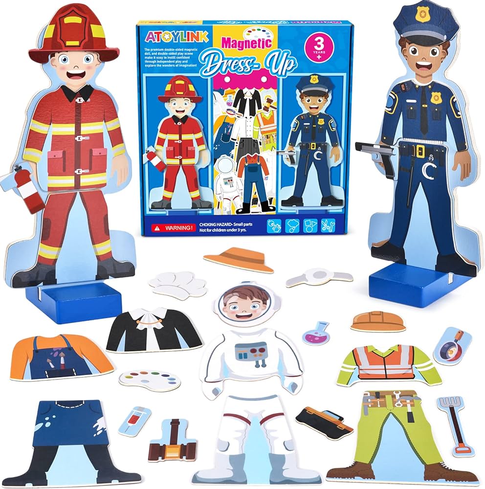 Atoylink Wooden Magnetic Dress up Dolls Pretend Play Set 40+ Pcs Occupations Community Helpers Matching Games Fridge Magnets for Toddlers Preschool Learning Toys Boys Birthday Gifts