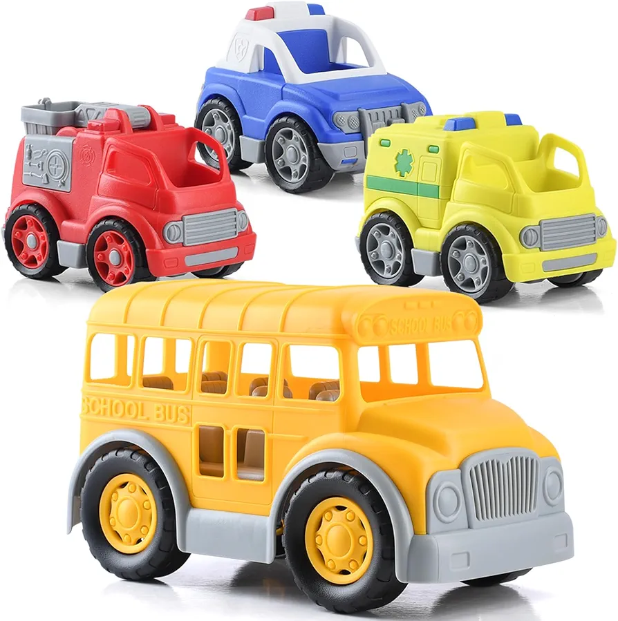 PLAY Eco-Friendly School Bus Toy & 3 in 1 Emergency Vehicle Toy Set, [USDA Certified] No BPA/Phthalate/PVC, Recycled Bioplastic Car Toys Vehicle Gift for Kids