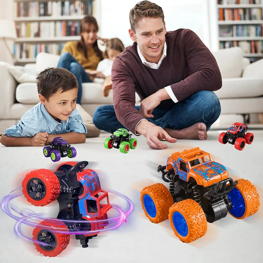 4 Pack Monster Truck Toys for 2 3 4 5 Year Old Boys,360° Rotating Friction Powered Push Back Vehicles Toys for Toddler Boys, Dino Cars for Kids 2-5 Year Old Christmas Birthday Gifts