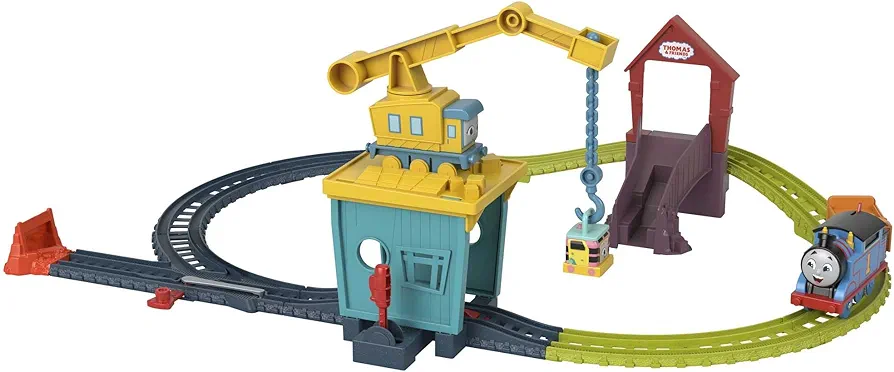 Thomas & Friends Motorized Toy Train Set Fix 'em Up Friends with Carly the Crane, Sandy the Rail Speeder & Thomas for Preschool Kids Ages 3+ Years ​