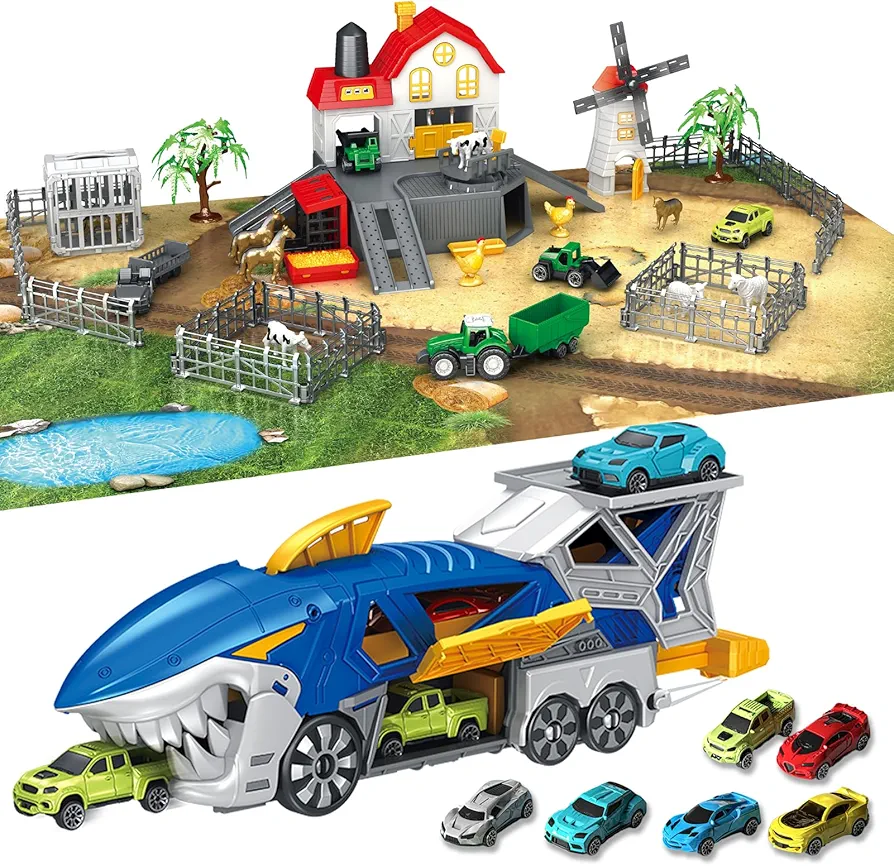 Farm Animals Toys with Play Mat, Shark Toy Car Track Set, Loop and Launcher Race Car Toys