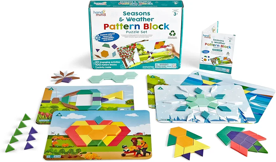 hand2mind Seasons and Weather Pattern Block Puzzle Set, Tangram Puzzle, Geometric Shapes for Kids, Pattern Blocks Cards, Pattern Play, Toddler Battern Blocks, Kindergarten Learning Activities