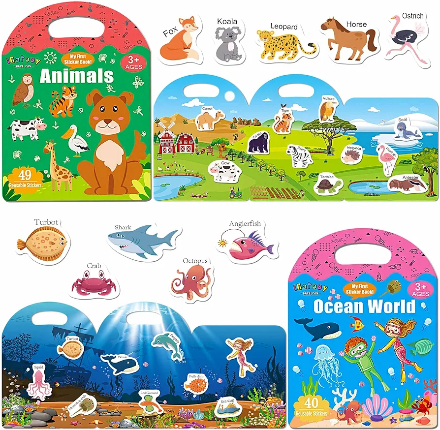 Reusable Sticker Books for Kids 2-4, 2 Sets Jelly Quiet Book, Preschool Learning Activities Busy Book for Toddler Travel Toys Waterproof Stickers for Kids (Animals & Ocean World)