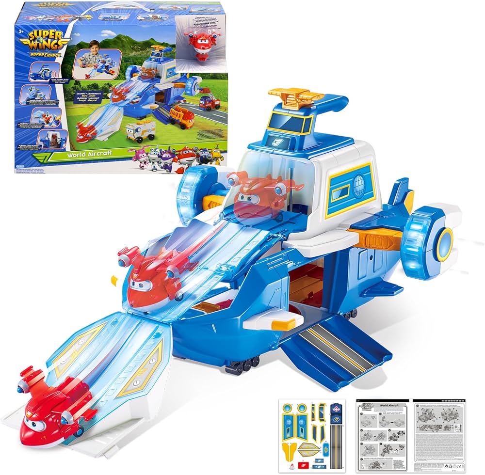 Super Wings - 2" Scale World Aircraft Large Playset with 2'' Supercharge Jett | Air Moving Base | Airplane Toys Mini Figure | Preschool Toy Plane Set for 3 4 5 year old Boys Girls | Birthday Gift Blue