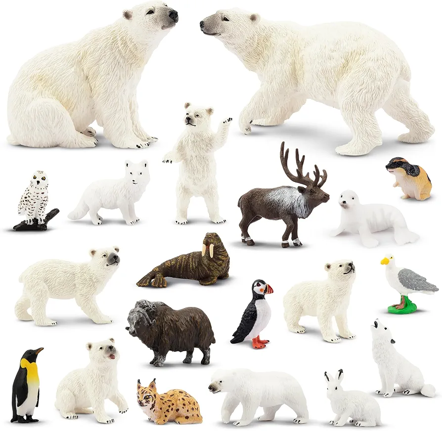 Toymany 18PCS Arctic Animals Figurines Set, Polar Animals for Polar Bear Animal Toys, Caribou, Penguin, Walrus, Wolf for Preschool Kids & Toddlers