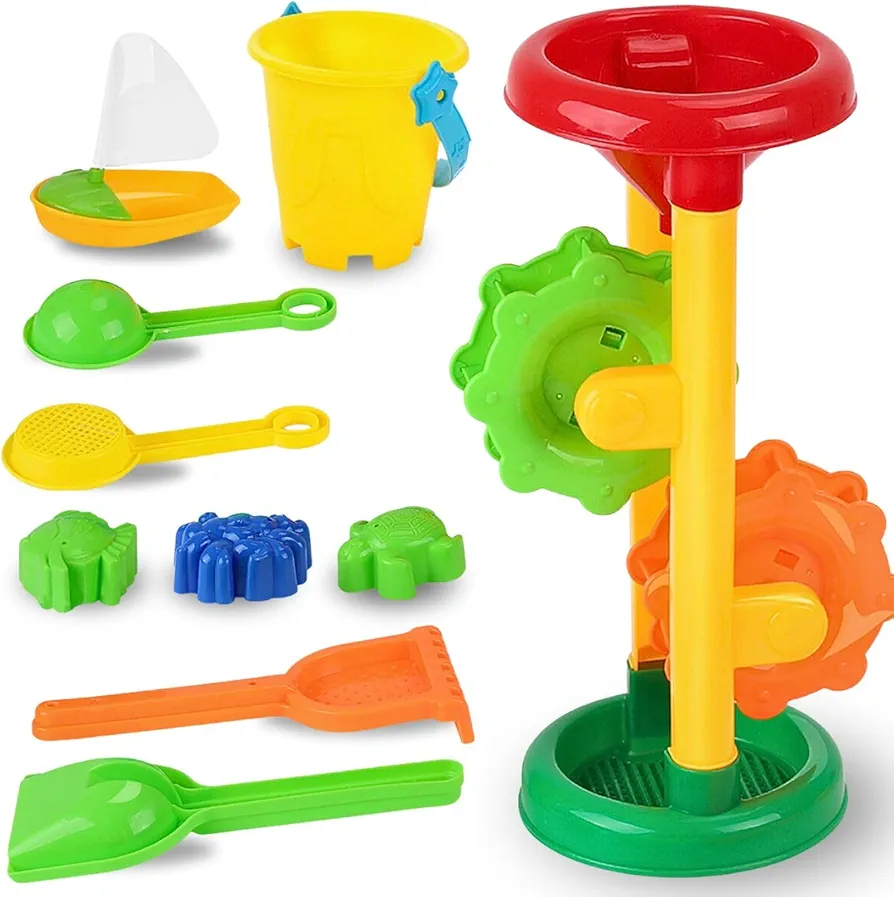 Liberty Imports Double Sand & Water Wheel Tower Beach Toy Set w/Built-in Funnel, Sieve, Bucket, Shovel, Rake, Animal Molds for Kids, Toddlers Play