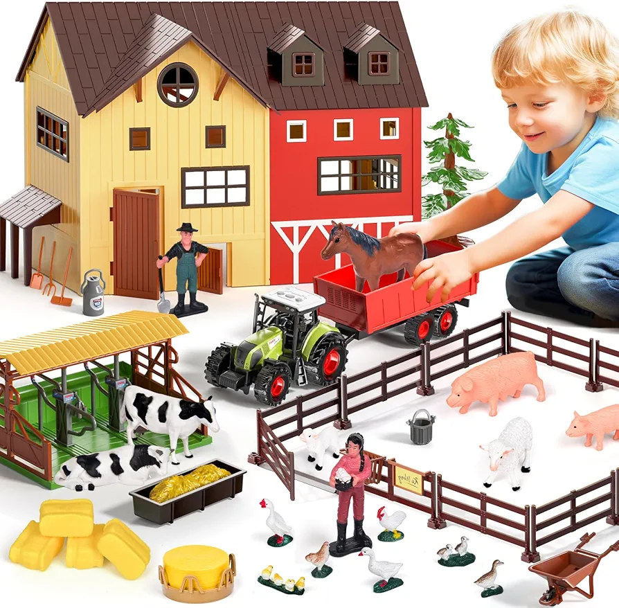 Farm Animals Barn House Toys - Kids Tractor Toy with Lights & Sound, Horse Stable, Cowshed, Chicken Fence, Animal, Farm Accessories, Easter Birthday Gifts for Boys Toddlers Ages 3+