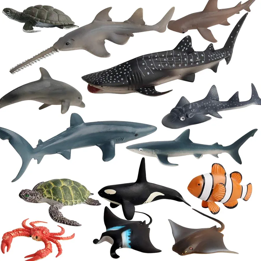 Sea Animal Figures Model Shark Whale Fish Turtle Crab Statues Home Decor Educational Laerning Desktop Decoration Toys Birthday Gifts(14 PCS)