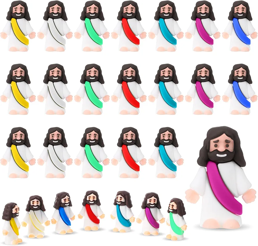 Bememo 25 Pcs Little Jesus Figures Original Design Mini Rubber Jesus Toys to Hide and Seek Religious Party Favors Sunday School Baptism Gifts (Multicolor)